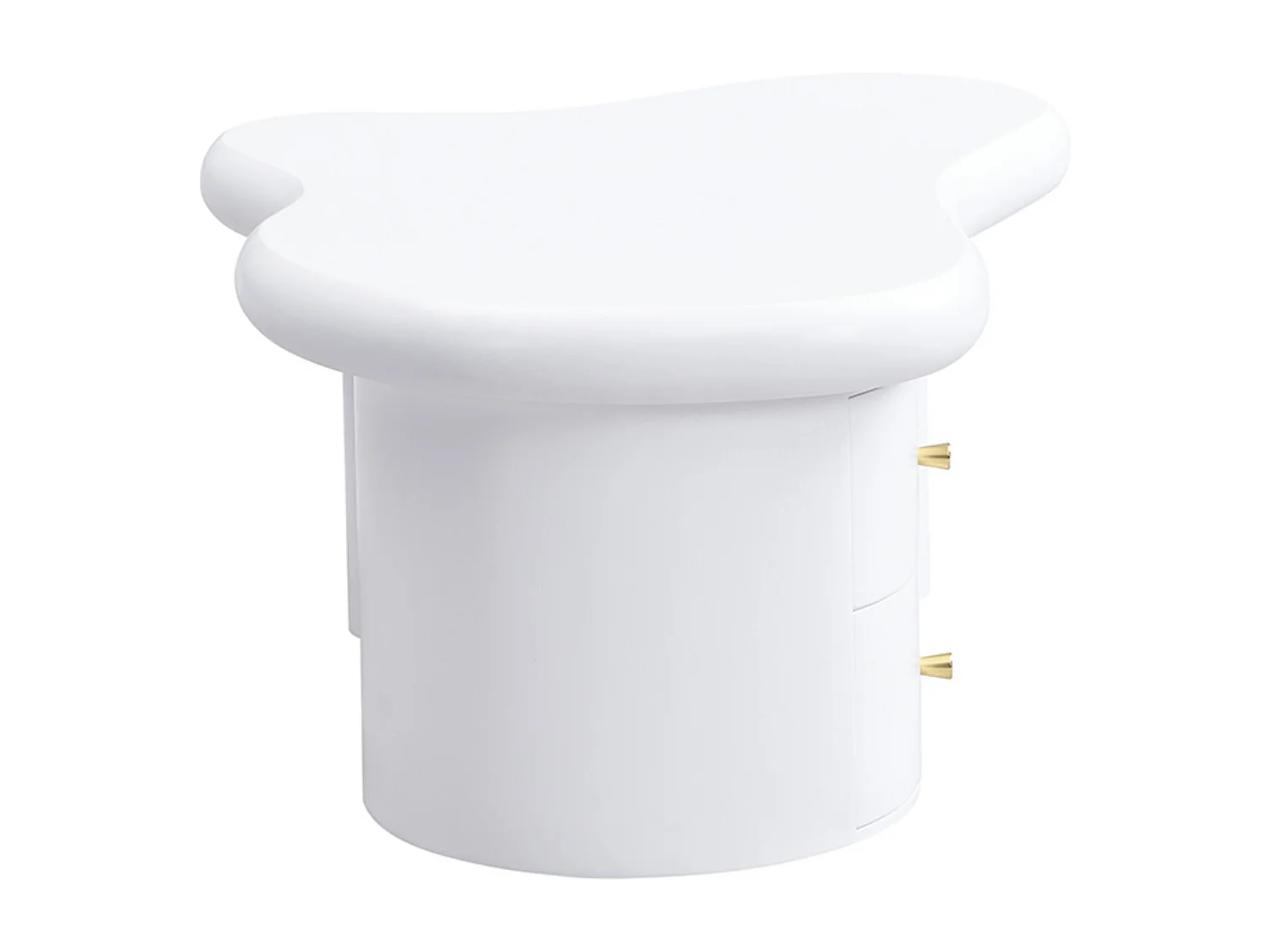 Table basse de forme irrégulière, Table basse blanche avec 2 tiroirs de rangement, pour salon et bureau