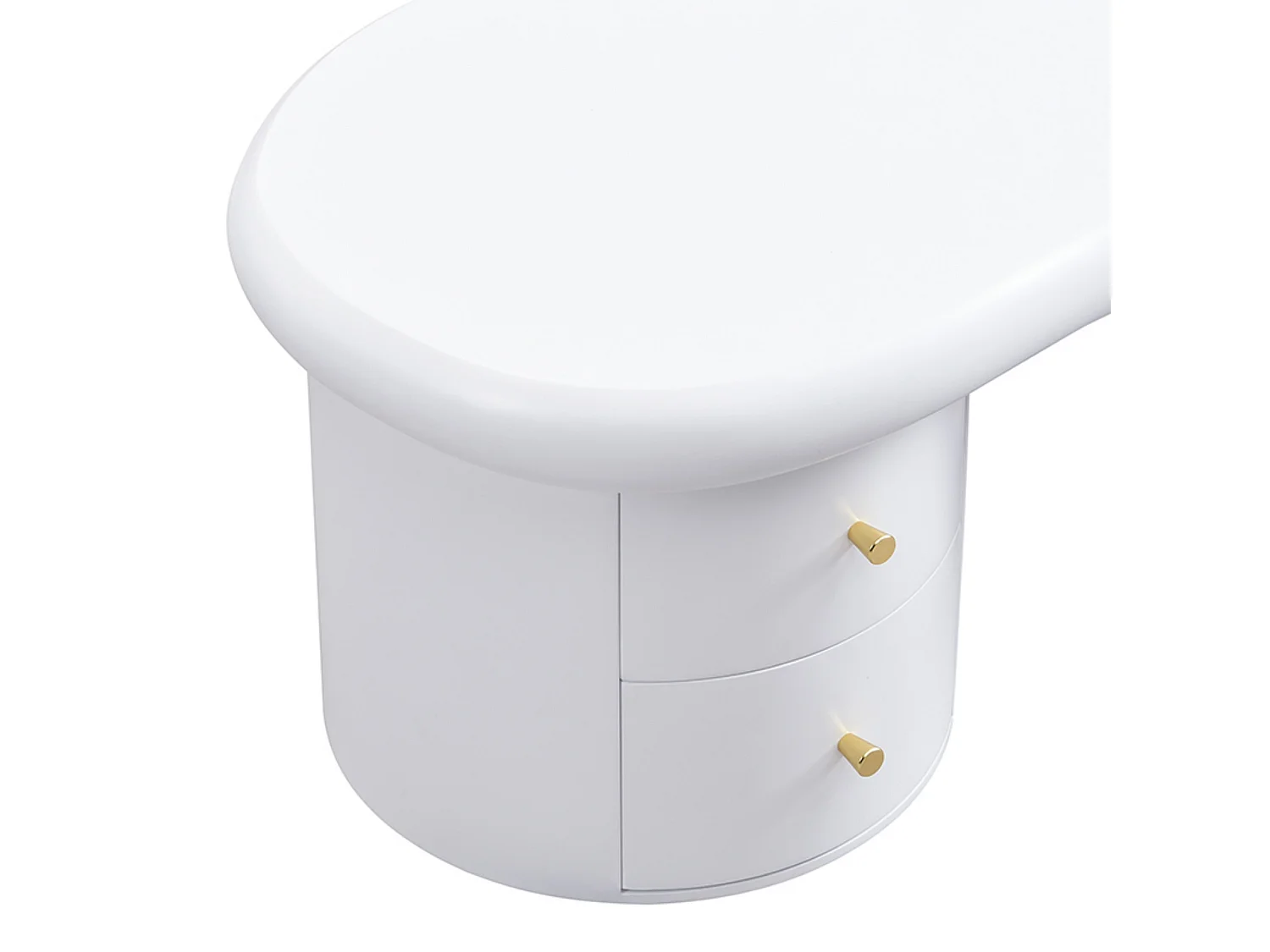 Table basse de forme irrégulière, Table basse blanche avec 2 tiroirs de rangement, pour salon et bureau