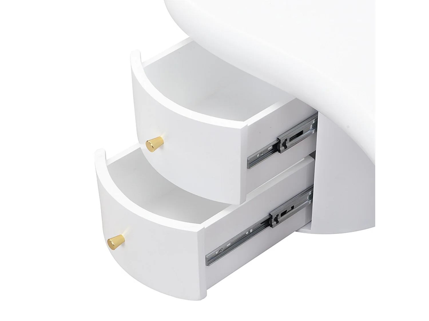 Table basse de forme irrégulière, Table basse blanche avec 2 tiroirs de rangement, pour salon et bureau