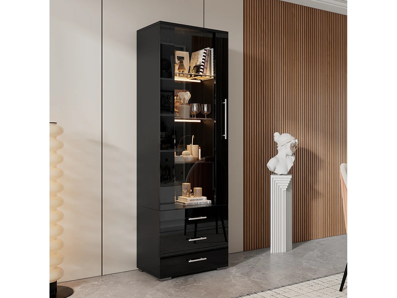 Zwarte vitrinekast met ledverlichting, 60x35x180 cm, 3 lades, moderne stijl, voor woonkamer en kantoor