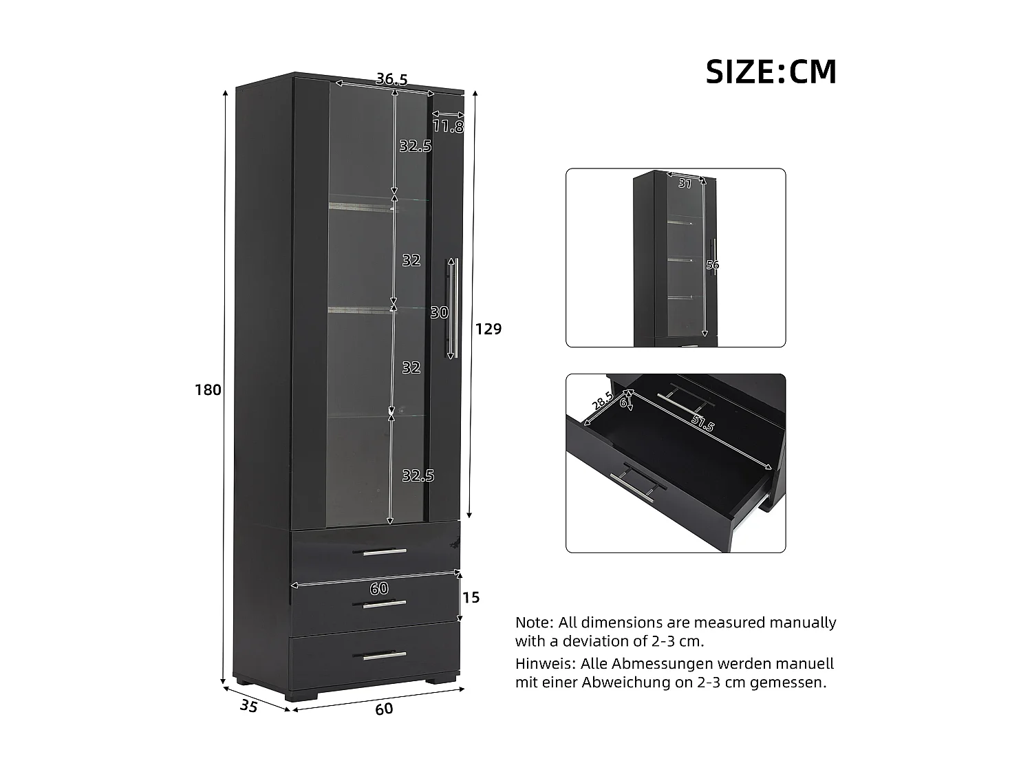 Zwarte vitrinekast met ledverlichting, 60x35x180 cm, 3 lades, moderne stijl, voor woonkamer en kantoor