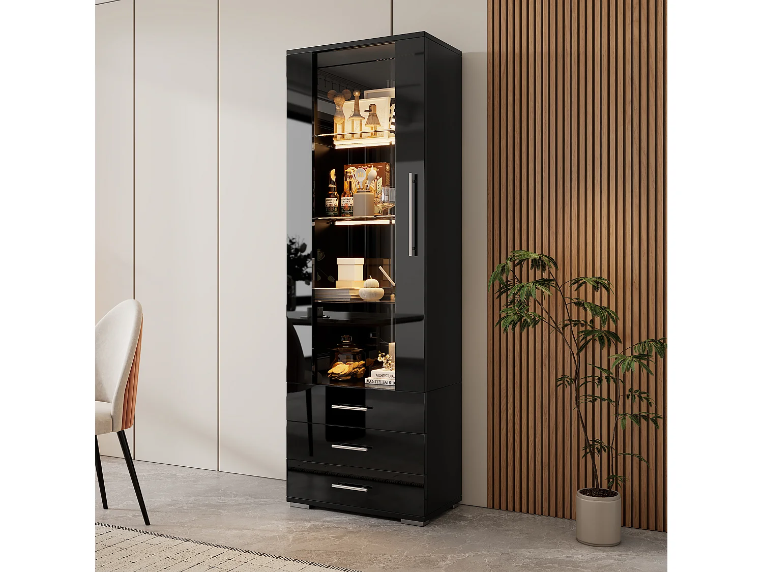 Vitrine noire avec éclairage LED, 60x35x180 cm, 3 tiroirs, style moderne, pour salon et bureau