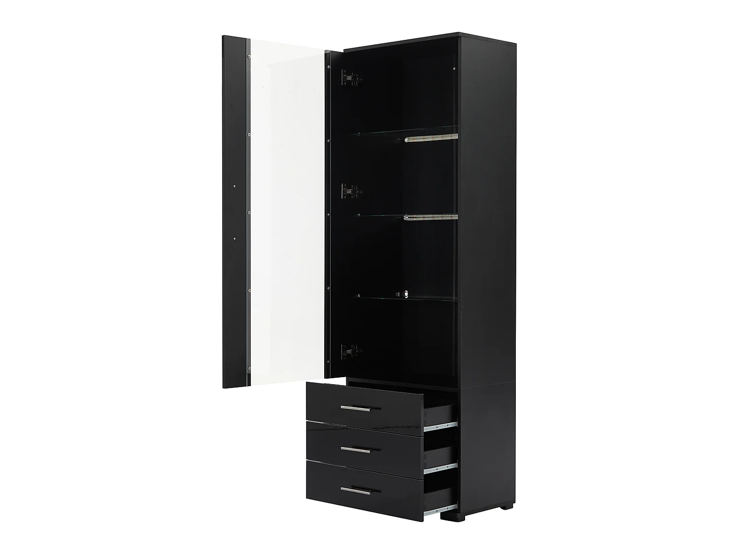 Vitrine noire avec éclairage LED, 60x35x180 cm, 3 tiroirs, style moderne, pour salon et bureau