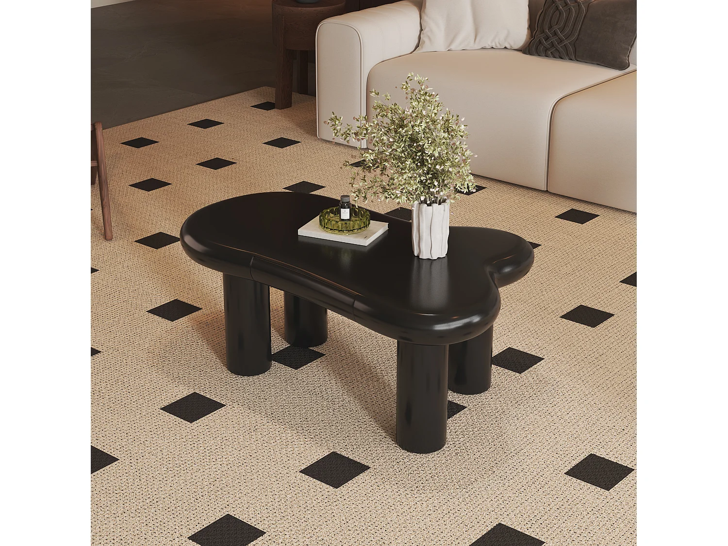 Table basse en MDF en forme de nuage, Table basse noire avec 1 tiroir et éclairage LED, pour salon et balcon