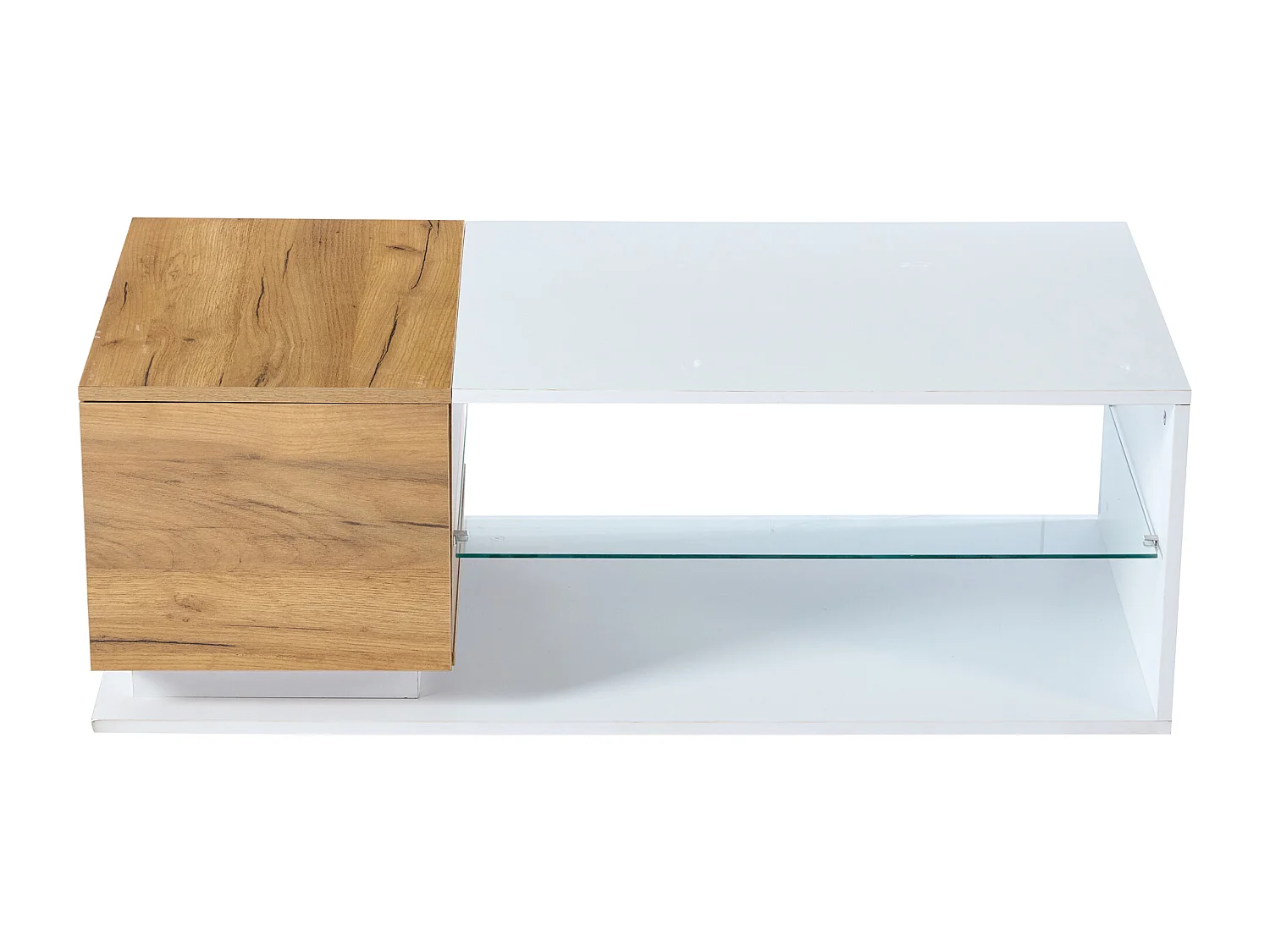 Glanzende salontafel, witte salontafel met 1 eikenhouten deur en open opbergplanken, ledverlichting