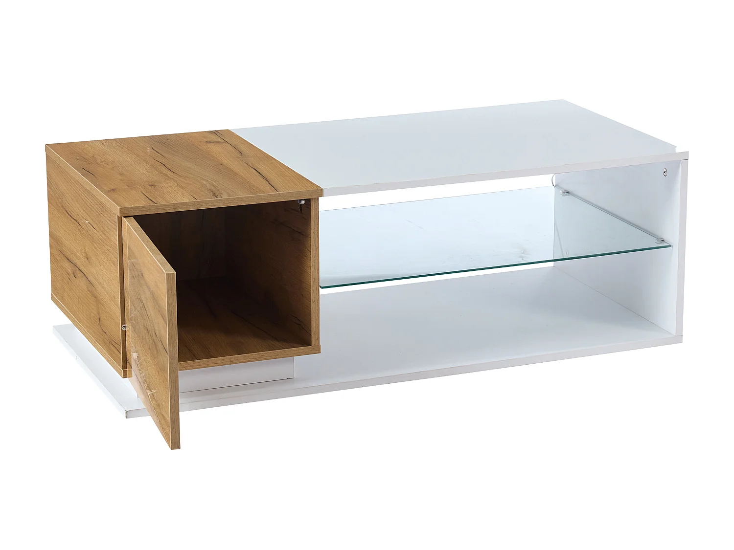 Glanzende salontafel, witte salontafel met 1 eikenhouten deur en open opbergplanken, ledverlichting