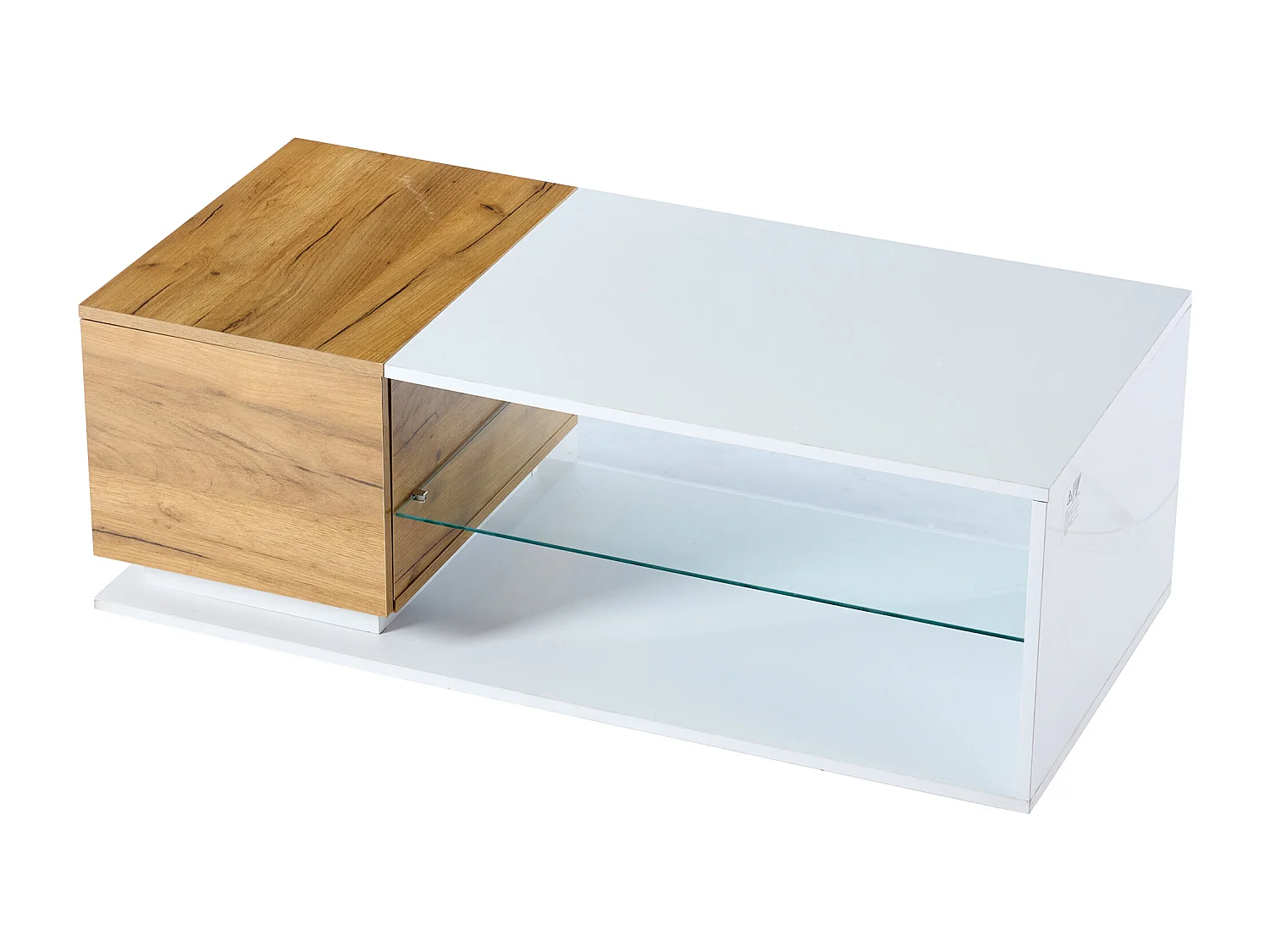 Glanzende salontafel, witte salontafel met 1 eikenhouten deur en open opbergplanken, ledverlichting