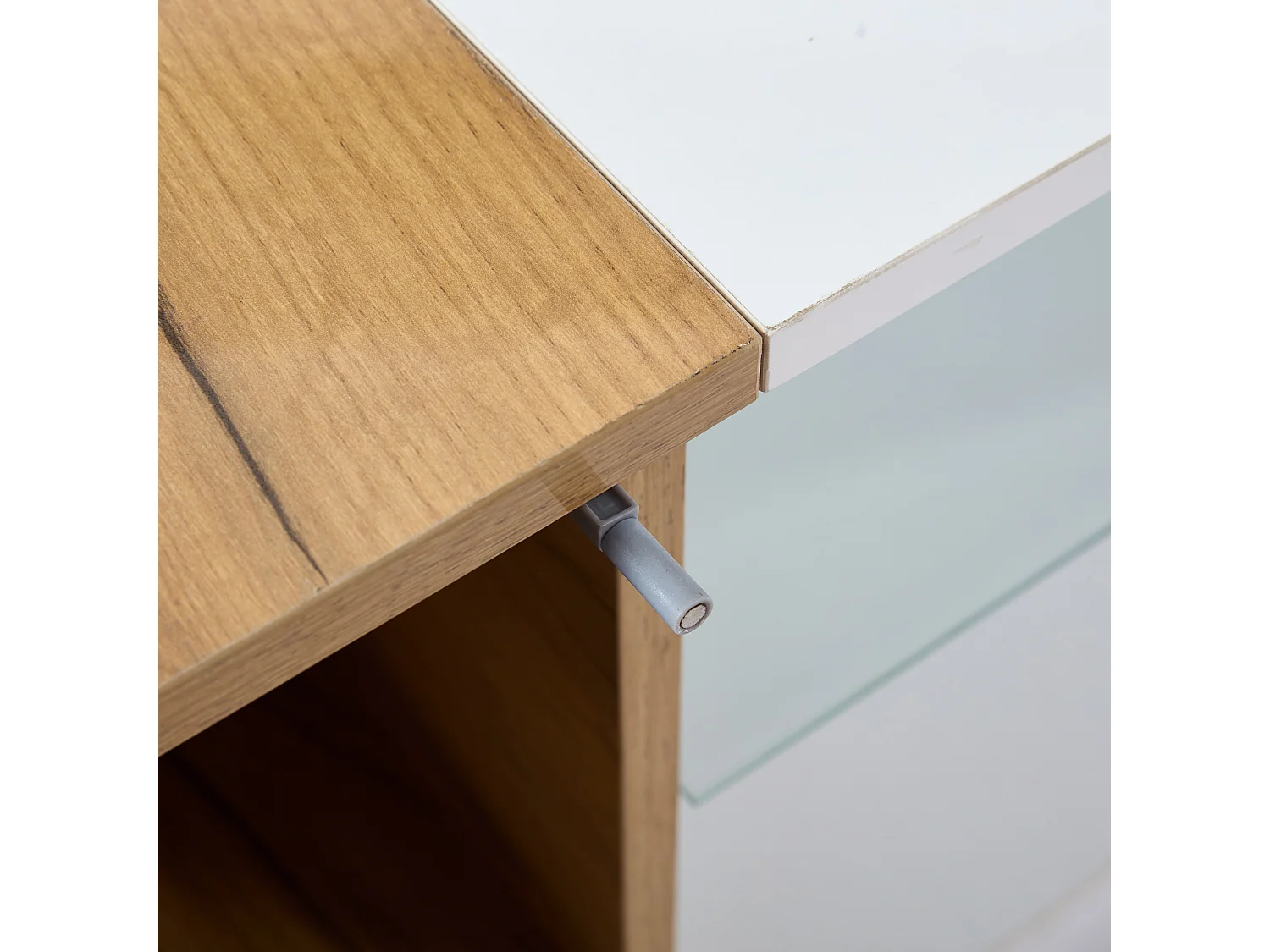 Glanzende salontafel, witte salontafel met 1 eikenhouten deur en open opbergplanken, ledverlichting