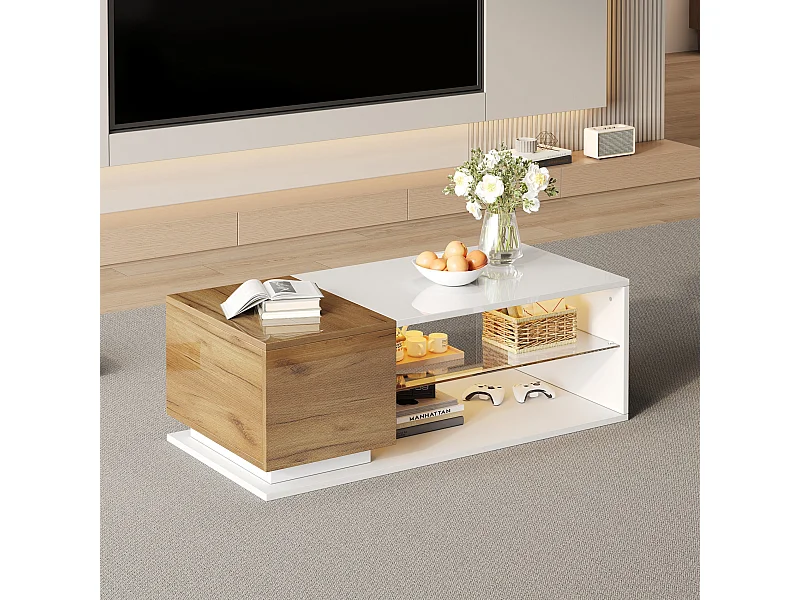 Glanzende salontafel, witte salontafel met 1 eikenhouten deur en open opbergplanken, ledverlichting