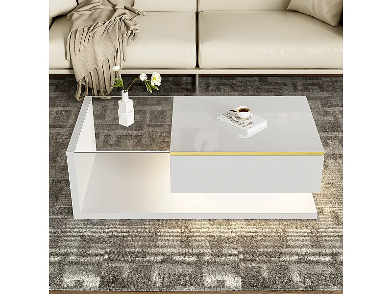 Table basse LED 100 cm, table basse blanche avec rangement ouvert, design moderne, éclairage 16 couleurs