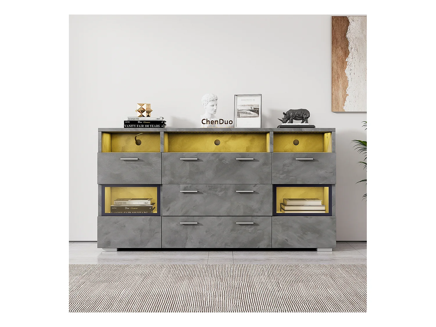 Buffet gris avec 2 portes et 3 tiroirs, éclairage LED, 140x33.5x72.5 cm
