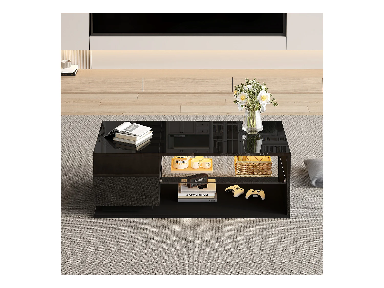 Tavolino da caffè lucido, Tavolino da caffè nero con 1 anta e ripiani a giorno, illuminazione a LED