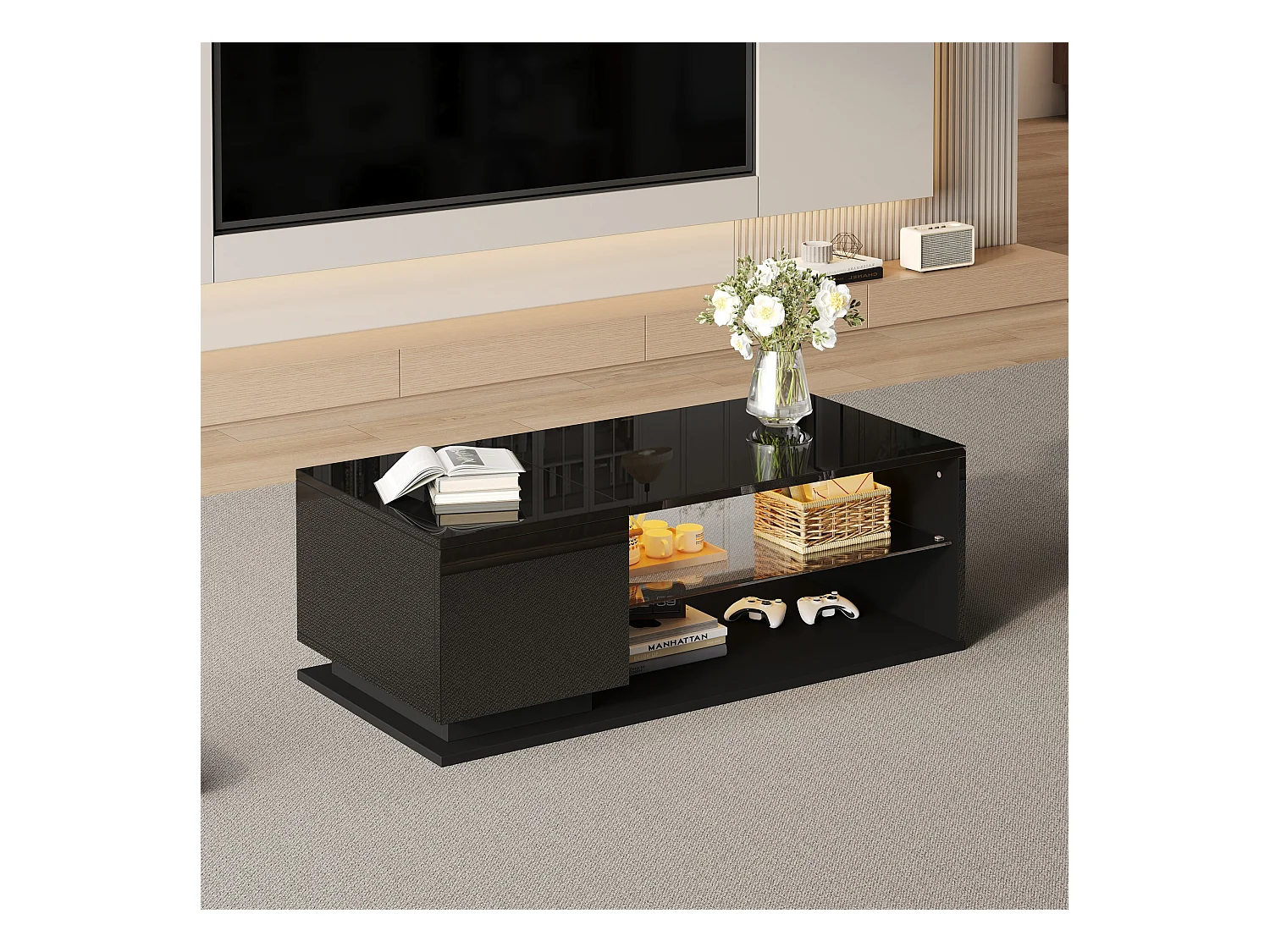 Table basse brillante, Table basse noire avec 1 porte et étagères de rangement ouvertes, éclairage LED
