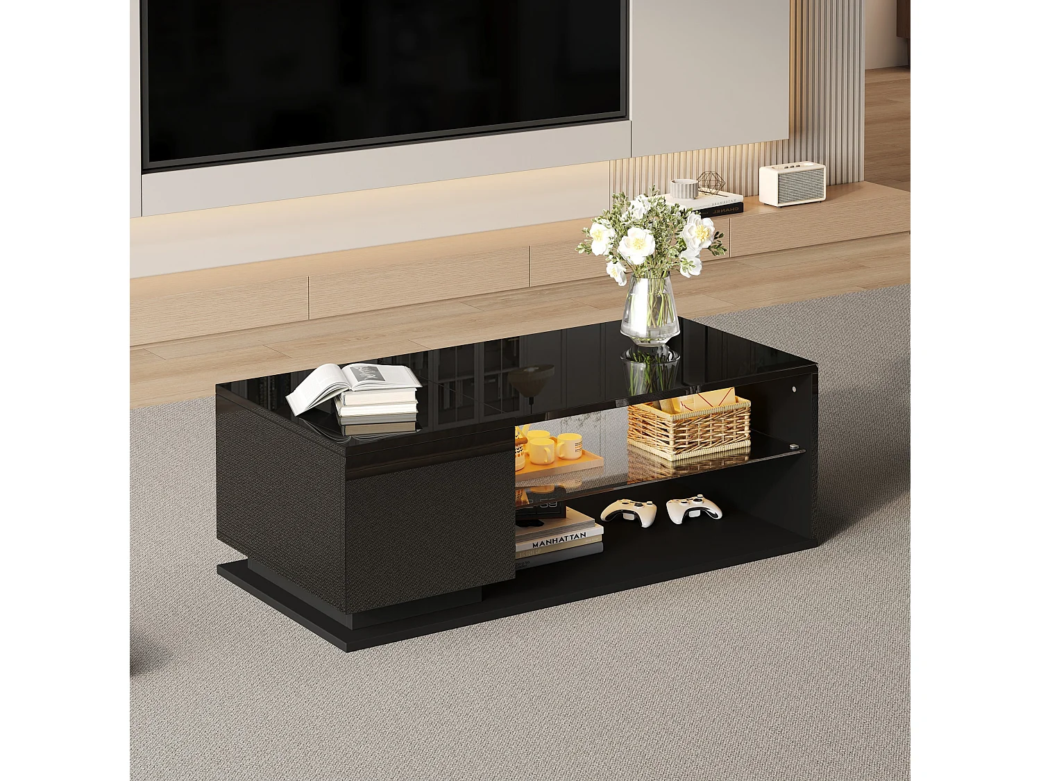 Table basse brillante, Table basse noire avec 1 porte et étagères de rangement ouvertes, éclairage LED