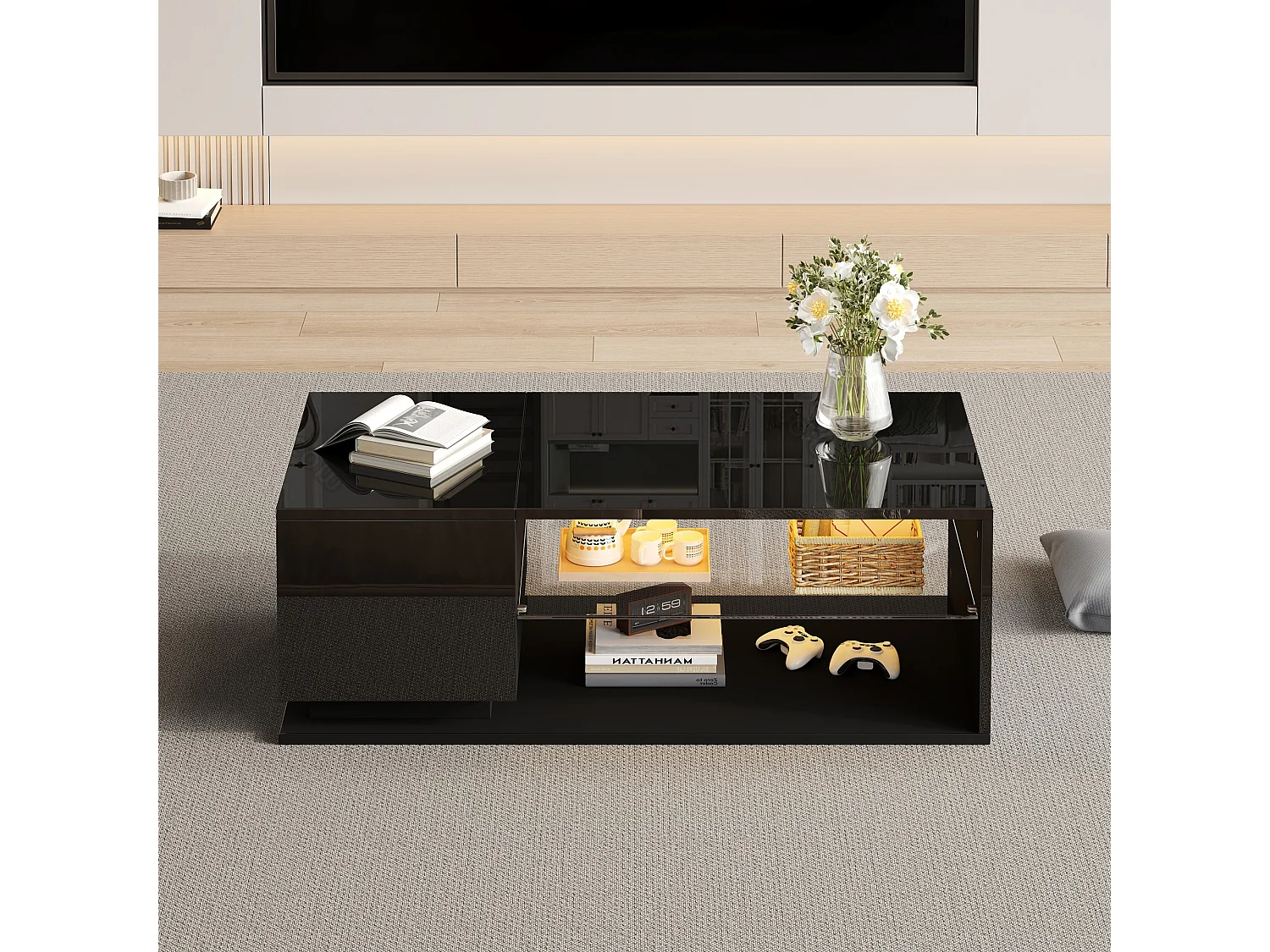 Table basse brillante, Table basse noire avec 1 porte et étagères de rangement ouvertes, éclairage LED