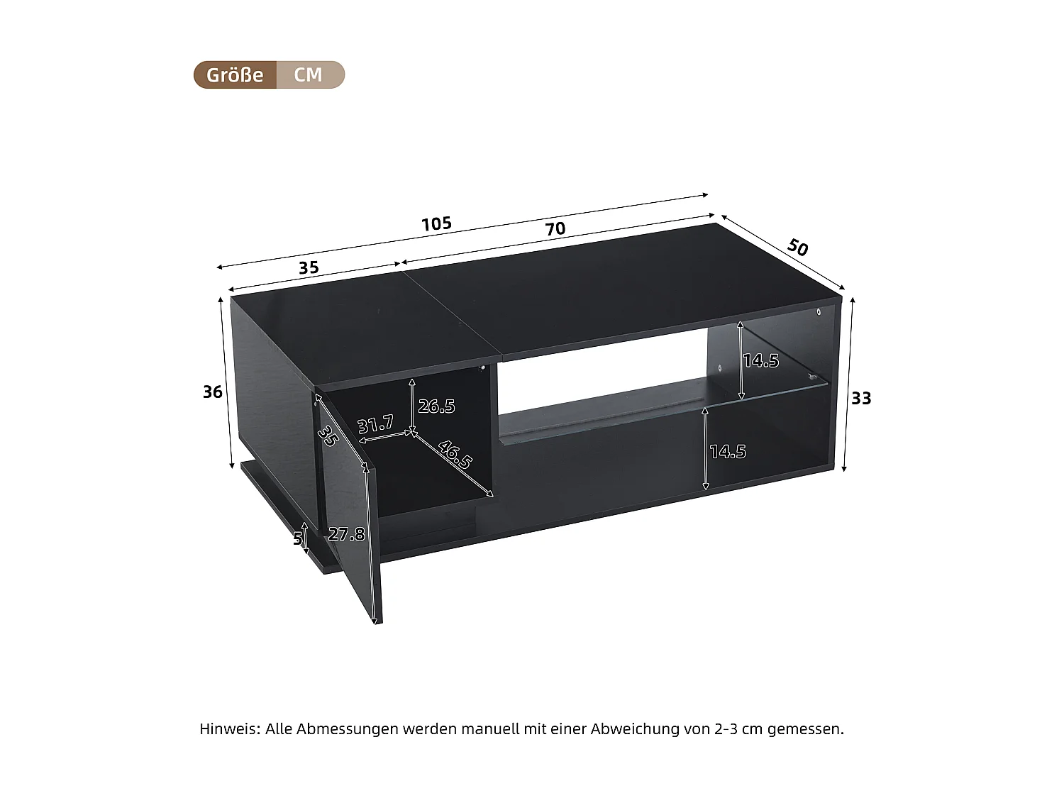 Table basse brillante, Table basse noire avec 1 porte et étagères de rangement ouvertes, éclairage LED