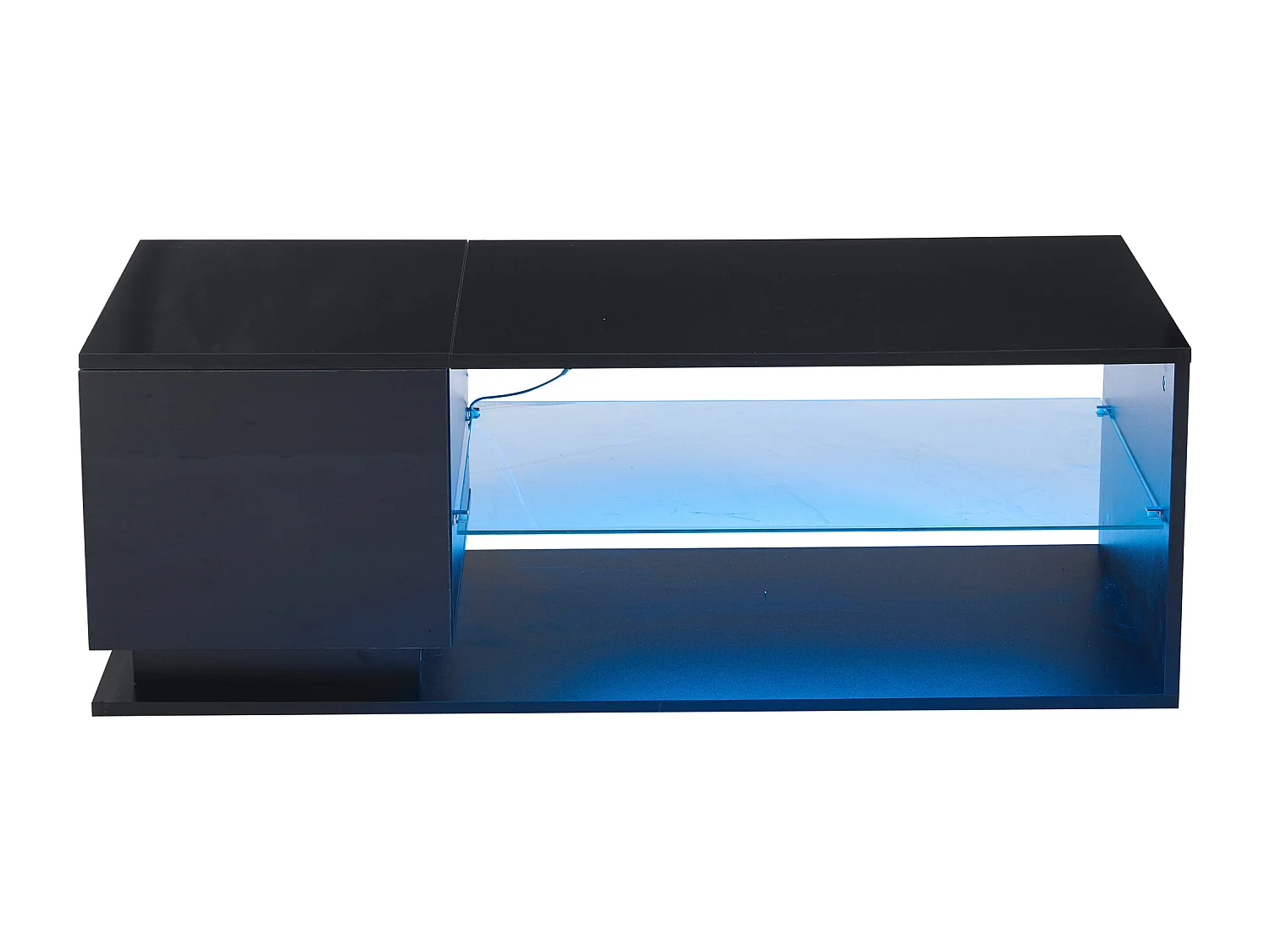 Table basse brillante, Table basse noire avec 1 porte et étagères de rangement ouvertes, éclairage LED