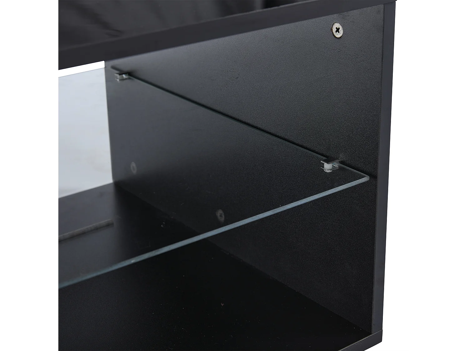 Table basse brillante, Table basse noire avec 1 porte et étagères de rangement ouvertes, éclairage LED