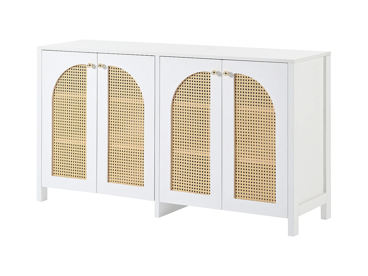Buffet blanc et beige avec 4 portes en rotin et étagères réglables, 140x80x40 cm