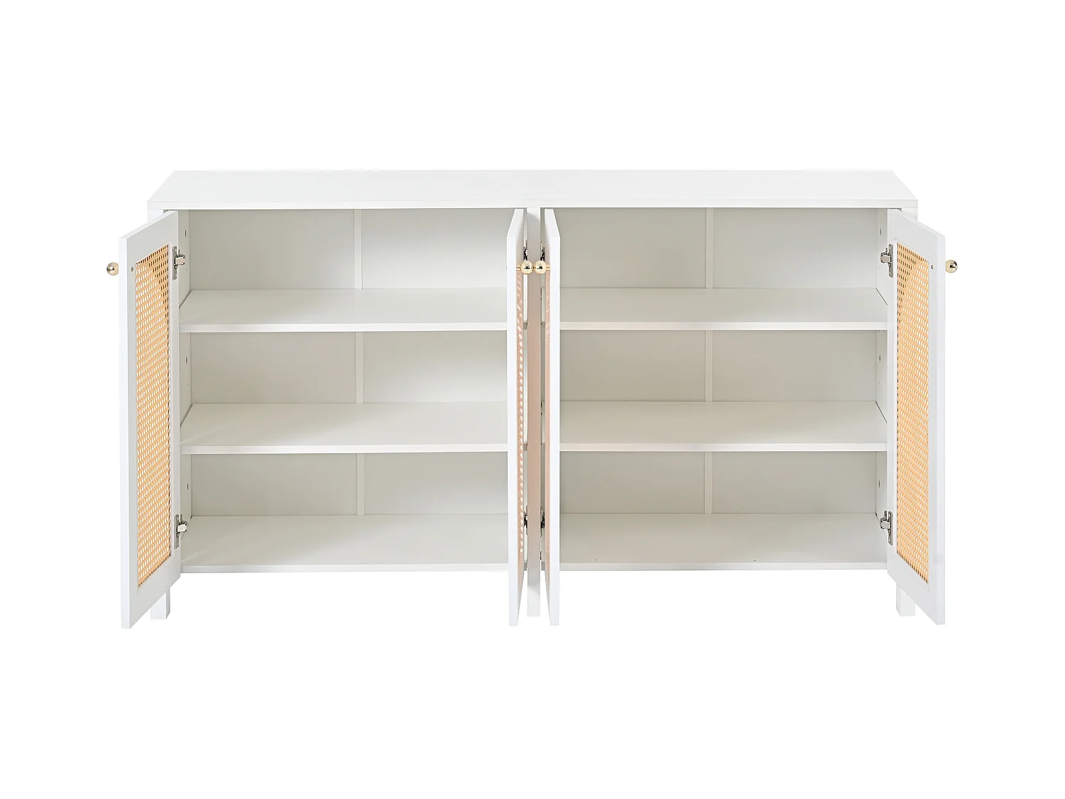 Buffet blanc et beige avec 4 portes en rotin et étagères réglables, 140x80x40 cm