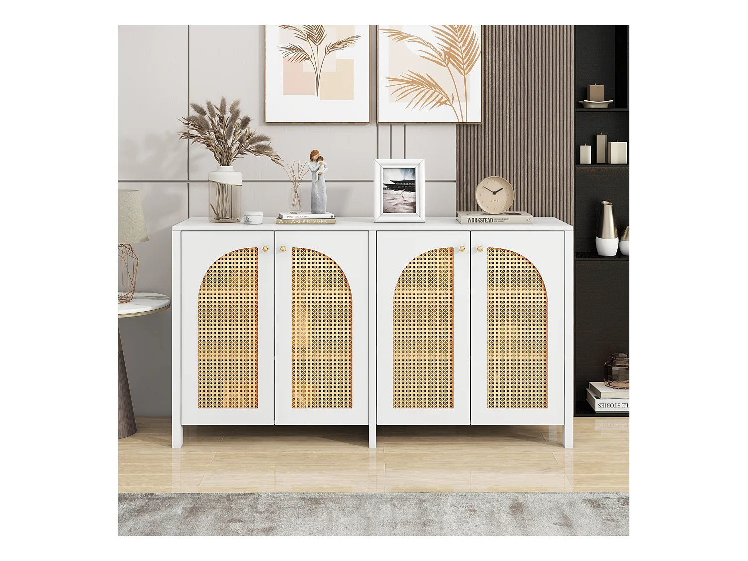 Buffet blanc et beige avec 4 portes en rotin et étagères réglables, 140x80x40 cm