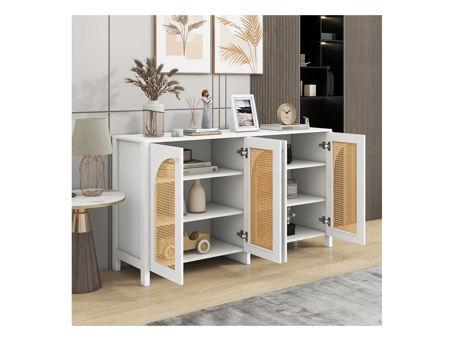 Weißes Sideboard mit 4 Rattantüren und verstellbaren Einlegeböden, Metallgriffe, für Wohn- und Esszimmer
