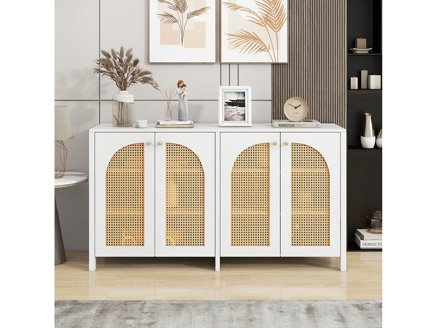 Buffet blanc et beige avec 4 portes en rotin et étagères réglables, 140x80x40 cm