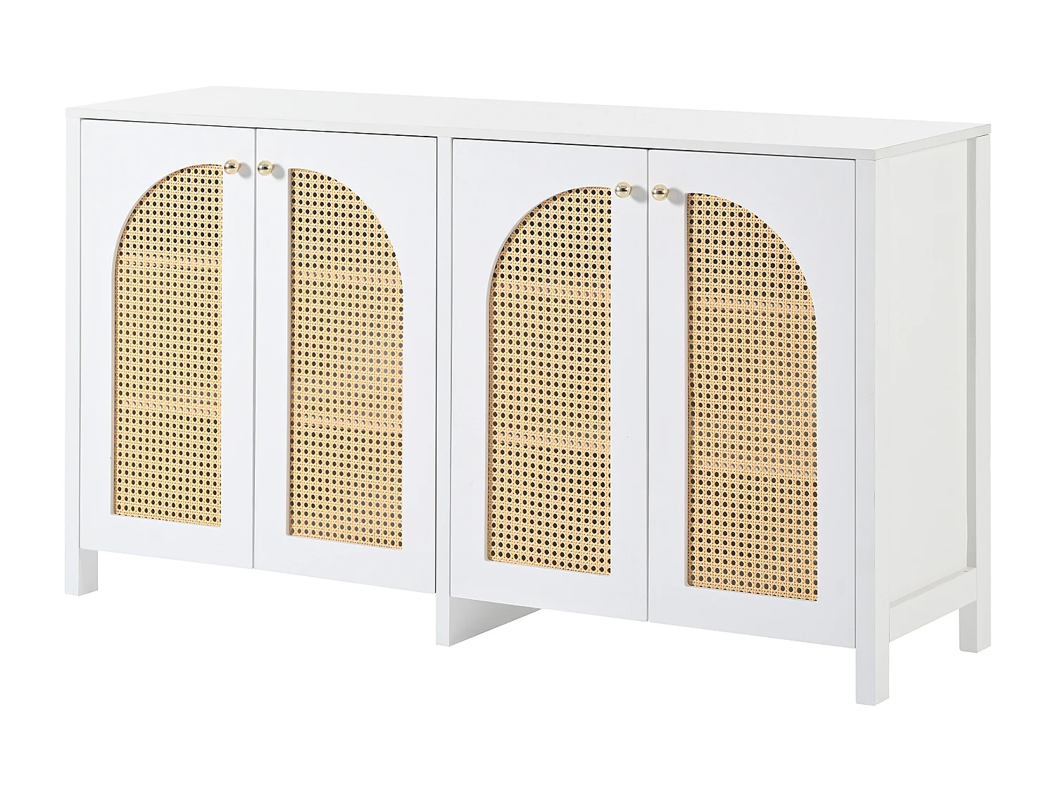 Buffet blanc et beige avec 4 portes en rotin et étagères réglables, 140x80x40 cm