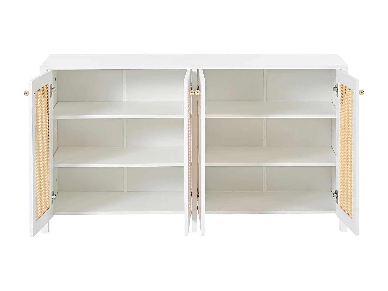 Buffet blanc et beige avec 4 portes en rotin et étagères réglables, 140x80x40 cm