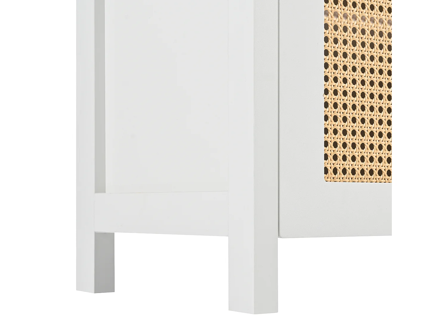 Buffet blanc et beige avec 4 portes en rotin et étagères réglables, 140x80x40 cm