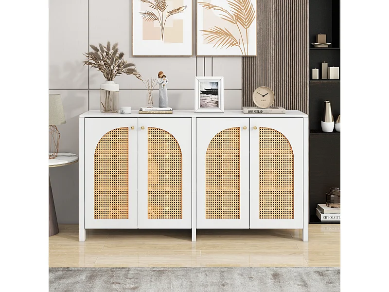 Buffet blanc et beige avec 4 portes en rotin et étagères réglables, 140x80x40 cm