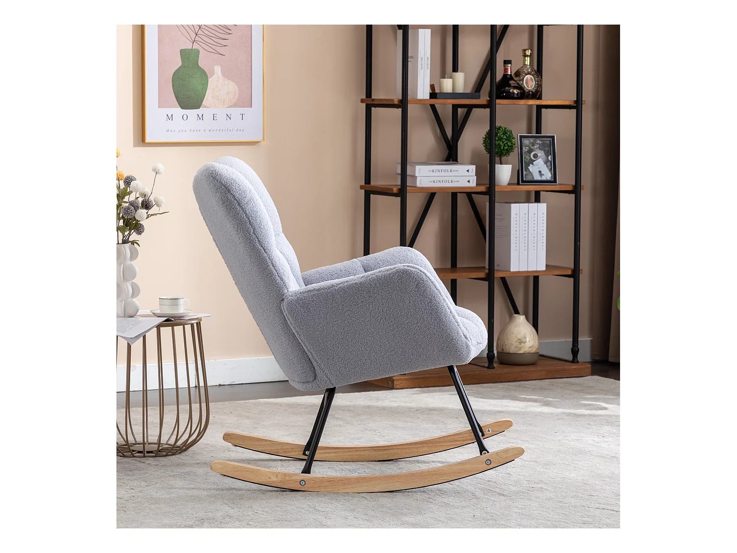 Fauteuil à bascule moderne, peluche gris clair, fauteuil à bascule avec accoudoirs et dossier , pour salon et chambre