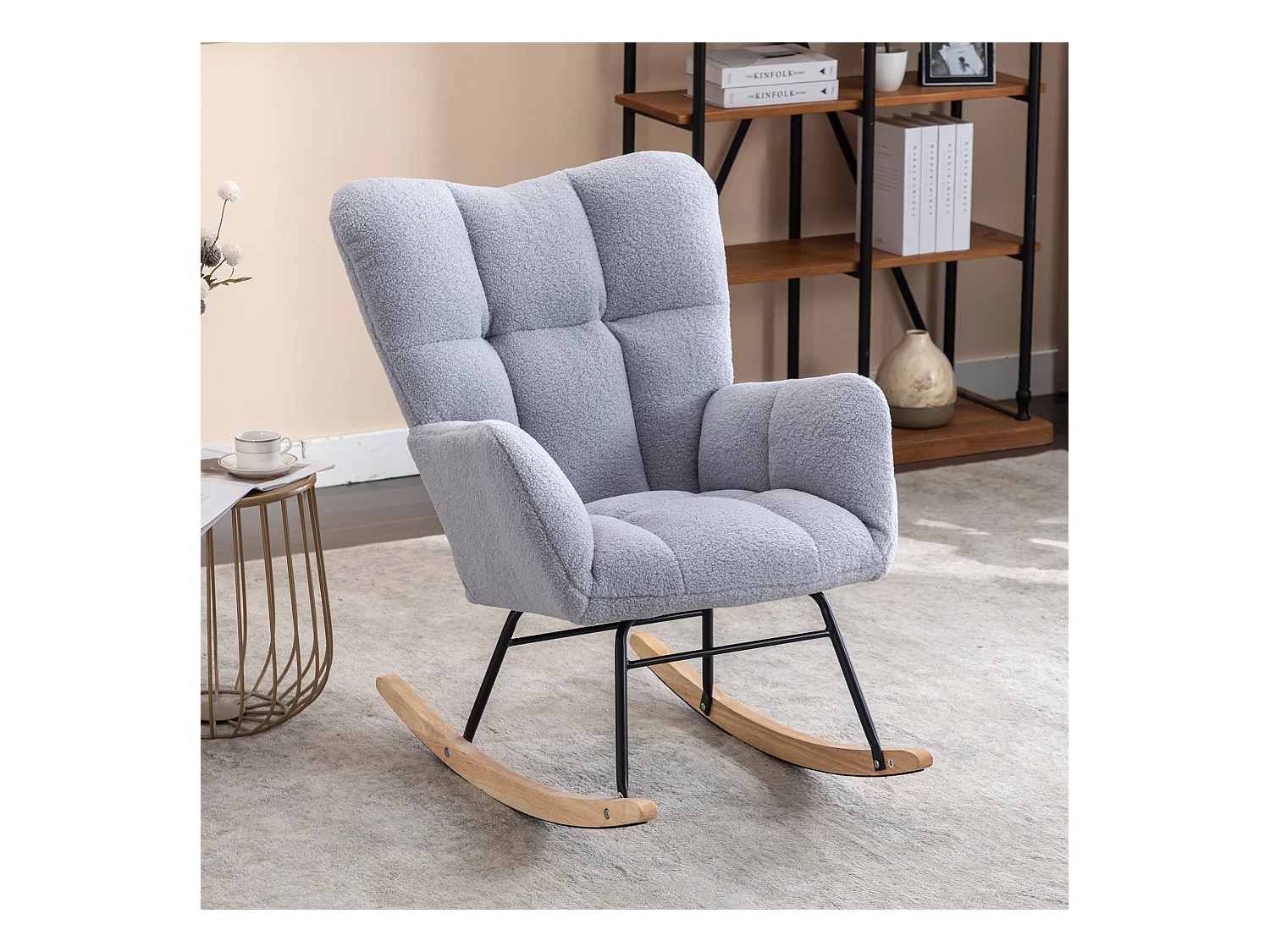 Fauteuil à bascule moderne, peluche gris clair, fauteuil à bascule avec accoudoirs et dossier , pour salon et chambre