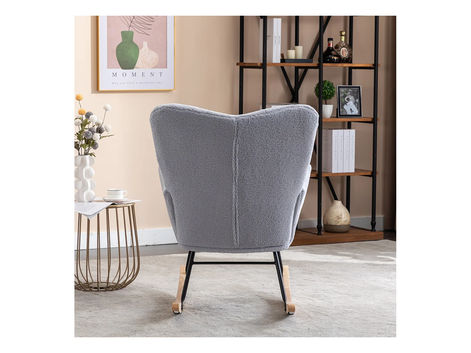 Fauteuil à bascule moderne, peluche gris clair, fauteuil à bascule avec accoudoirs et dossier , pour salon et chambre