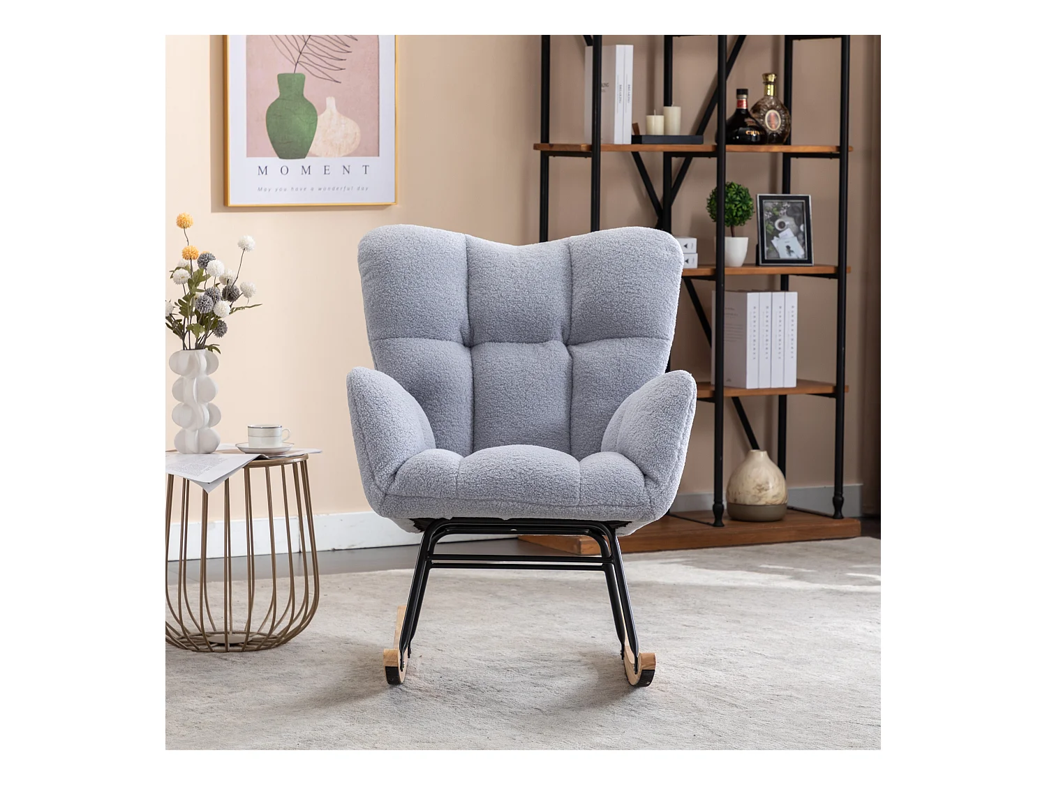 Fauteuil à bascule moderne, peluche gris clair, fauteuil à bascule avec accoudoirs et dossier , pour salon et chambre
