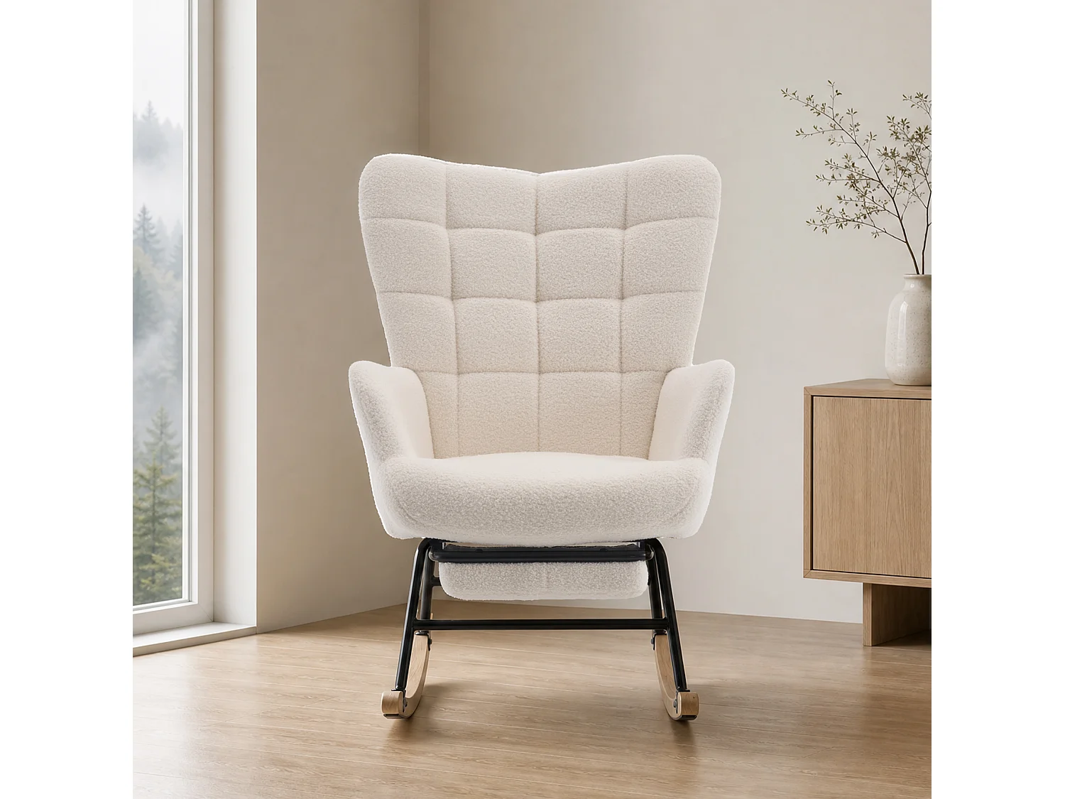 Rocking Chair, fauteuil à bascule blanc cassé avec structure en fer, repose-pieds, pieds en bois d'hévéa