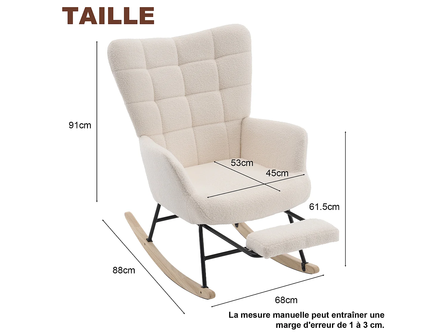 Rocking Chair, fauteuil à bascule blanc cassé avec structure en fer, repose-pieds, pieds en bois d'hévéa