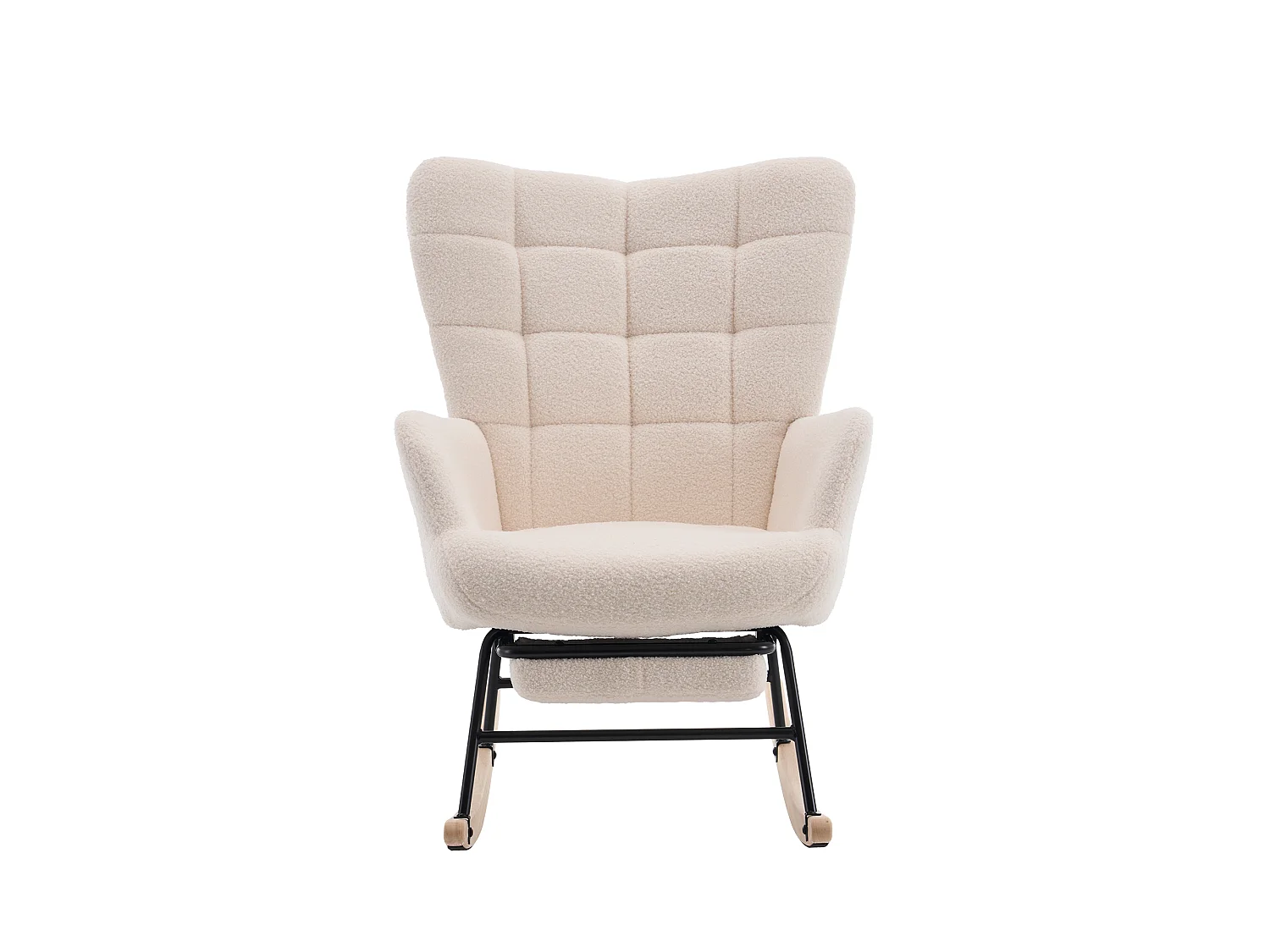 Rocking Chair, fauteuil à bascule blanc cassé avec structure en fer, repose-pieds, pieds en bois d'hévéa