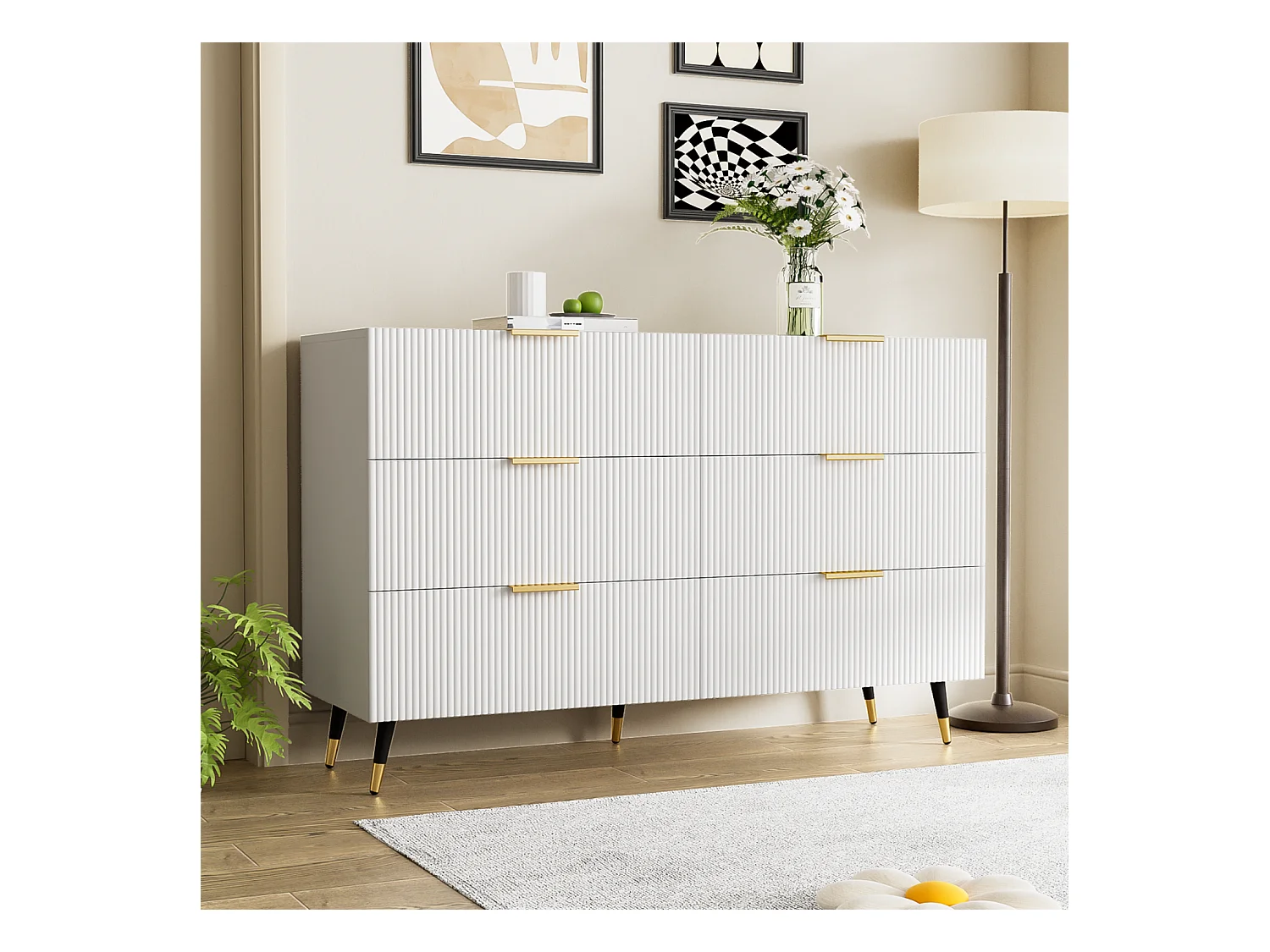 Wit dressoir, elegant dressoir met 6 opberglades, gouden handgrepen, voor woonkamer en slaapkamer