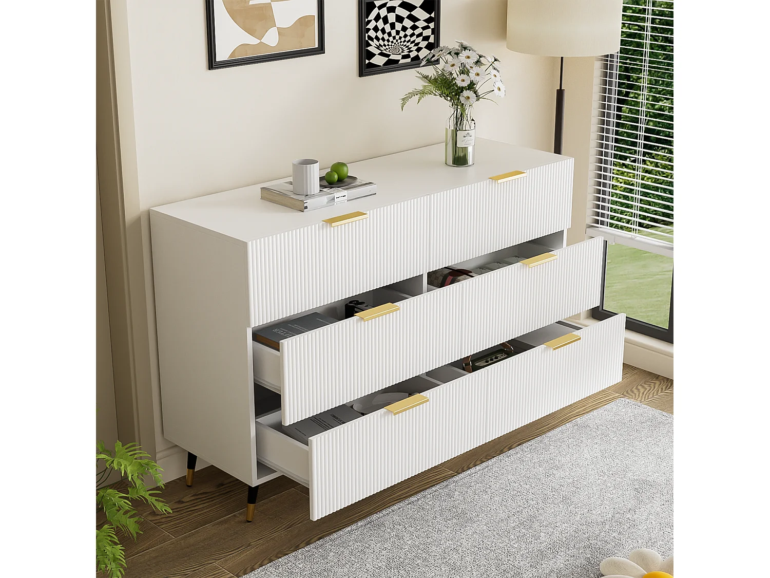 Buffet blanc, Buffet élégant avec 6 tiroirs de rangement, poignées dorées, pour salon et chambre