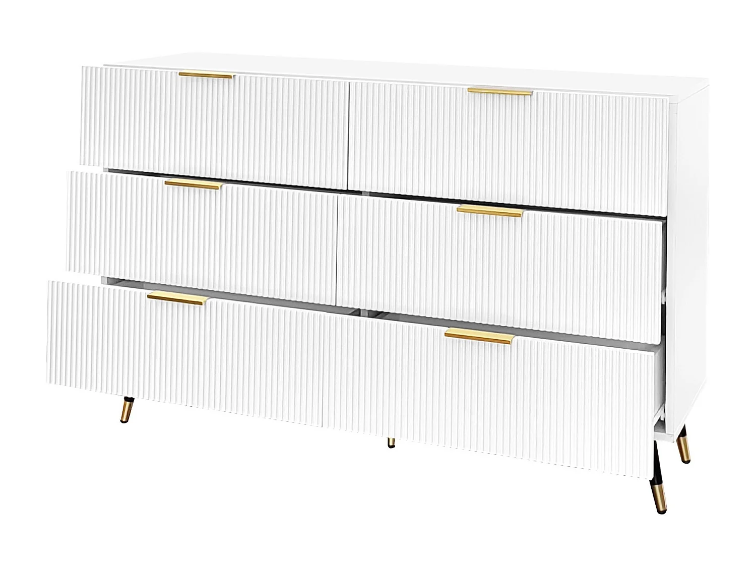 Buffet blanc, Buffet élégant avec 6 tiroirs de rangement, poignées dorées, pour salon et chambre