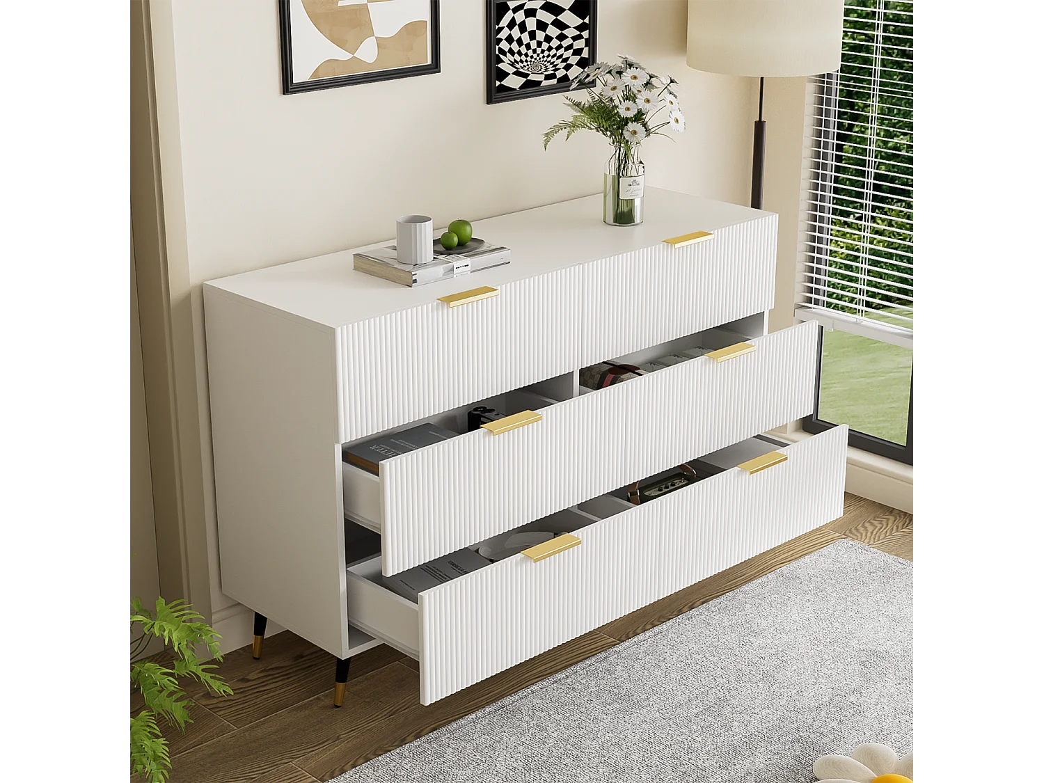 Wit dressoir, elegant dressoir met 6 opberglades, gouden handgrepen, voor woonkamer en slaapkamer