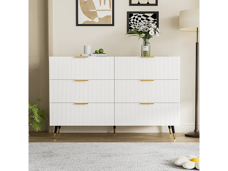 Weißes Sideboard, elegantes Sideboard mit 6 Schubladen und goldenen Griffen, für Wohn- und Schlafzimmer