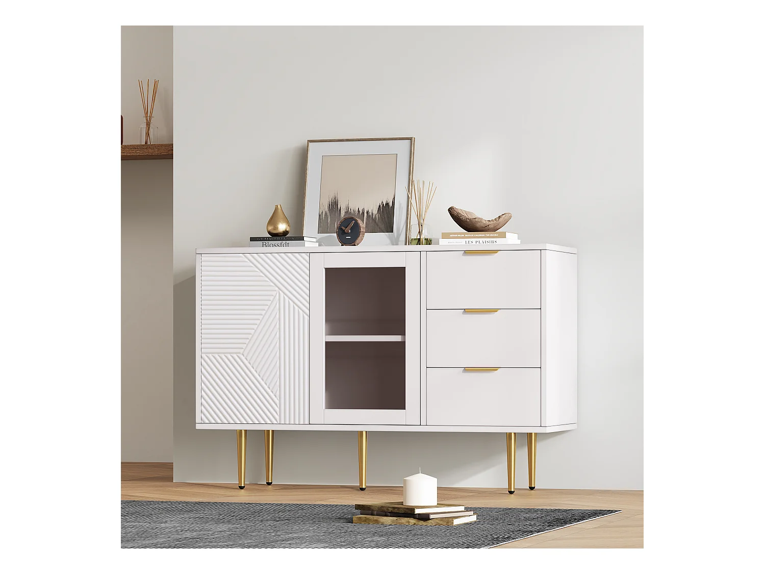 Buffet bas, Buffet blanc avec 3 tiroirs et 2 portes, pieds en métal, pour salon et salle à manger