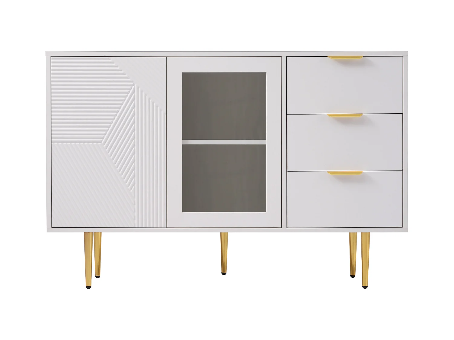 Buffet bas, Buffet blanc avec 3 tiroirs et 2 portes, pieds en métal, pour salon et salle à manger