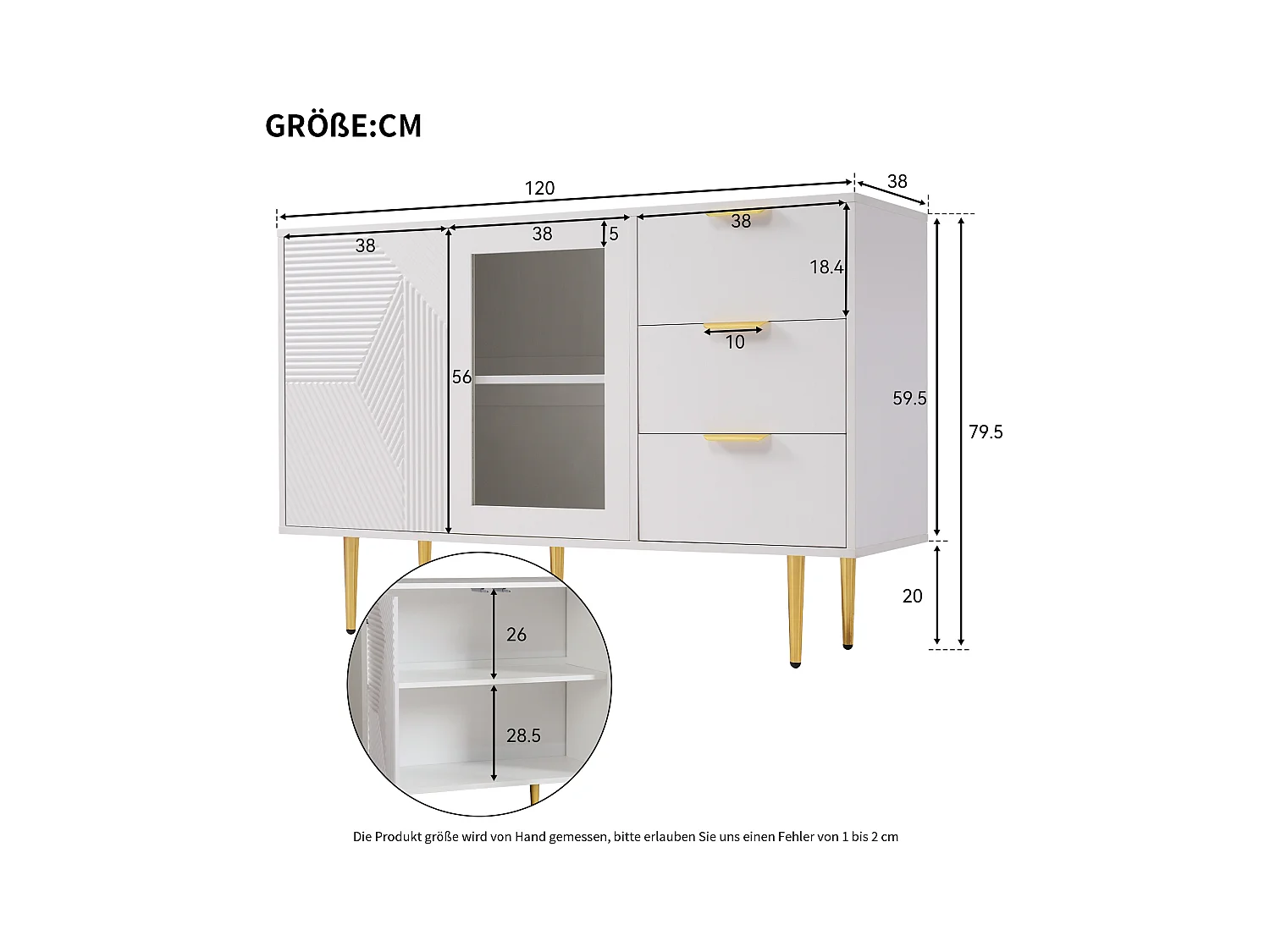 Buffet bas, Buffet blanc avec 3 tiroirs et 2 portes, pieds en métal, pour salon et salle à manger