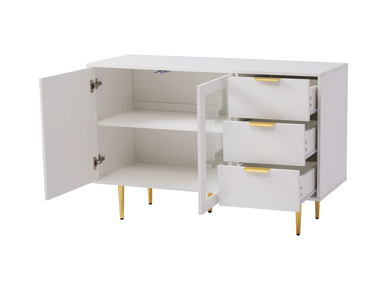 Buffet bas, Buffet blanc avec 3 tiroirs et 2 portes, pieds en métal, pour salon et salle à manger