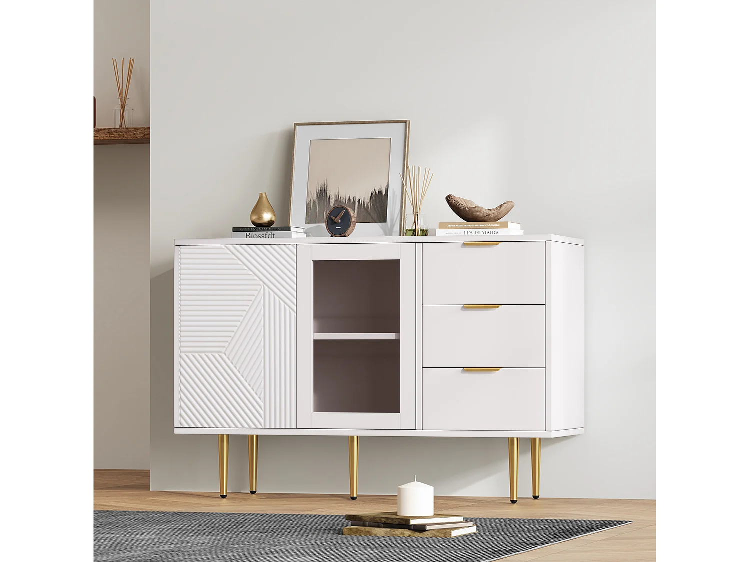 Buffet bas, Buffet blanc avec 3 tiroirs et 2 portes, pieds en métal, pour salon et salle à manger