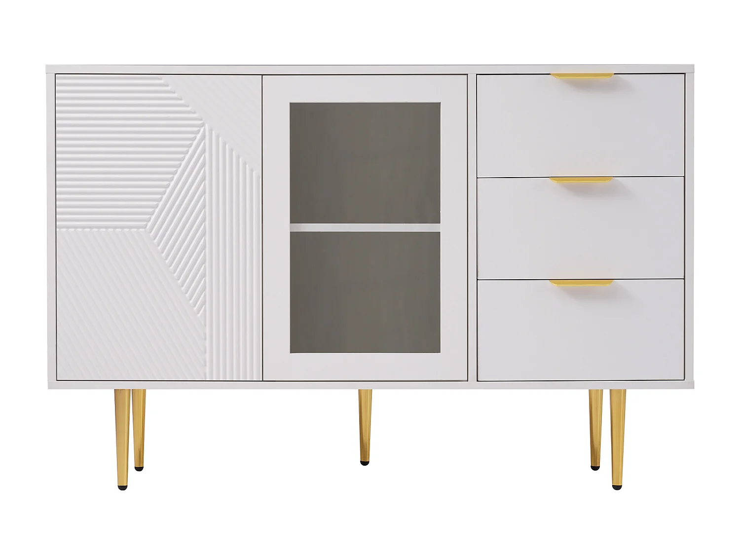 Buffet bas, Buffet blanc avec 3 tiroirs et 2 portes, pieds en métal, pour salon et salle à manger