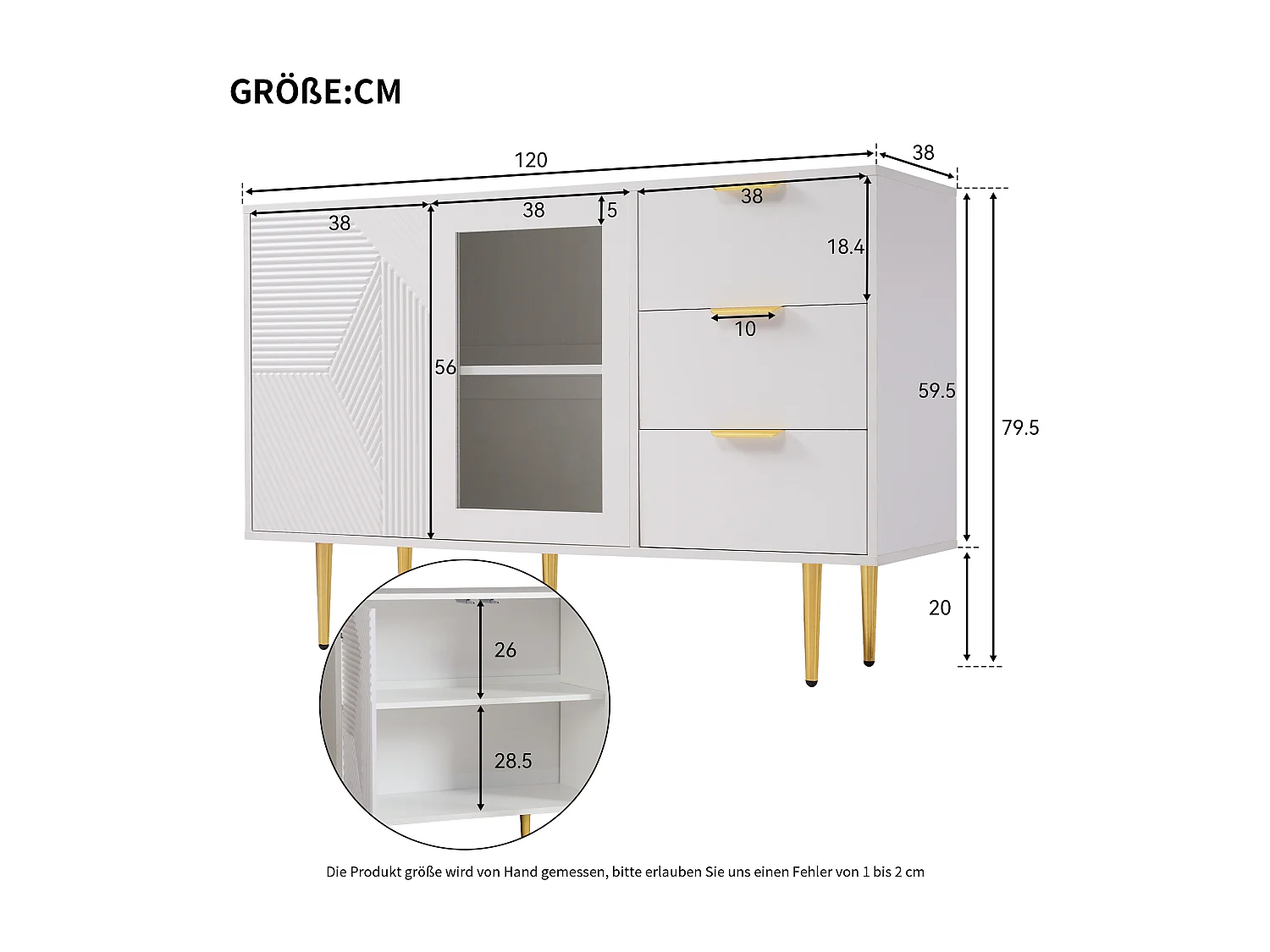 Buffet bas, Buffet blanc avec 3 tiroirs et 2 portes, pieds en métal, pour salon et salle à manger